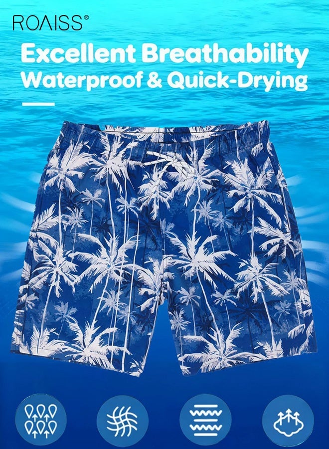 roaiss Men's Skateboarding and Surfing Print Straight Leg Shorts Gym Fashion Shorts Four-Way Stretch Beach Shorts for Men Comfortable Loose Fit Drawstring Elastic Waist Beach Shorts Blue - Image 2