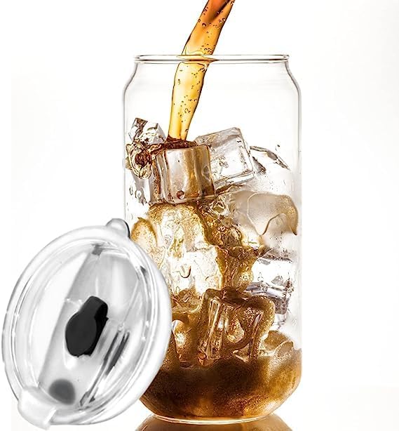 SHRUJA Drink Glasses Can Shaped Cocktail Glasses Beer Mug Glass Tumblers with Lids Glassware Sets Iced Coffee Soda Can Glasses Cool Mug Set 540 ml Capacity Iced Tea Glasses - Image 1