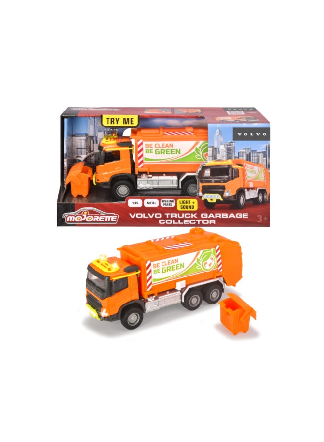 Majorette Volvo FMX Garbage Truck, 19 cm Officially Licensed Volvo Refuse Truck, Grand Series Diecast Toy with Metal Cab, Freewheel, Opening Top & Rear Door, Movable Container and Waste Bin, Ages 3+ - Image 1