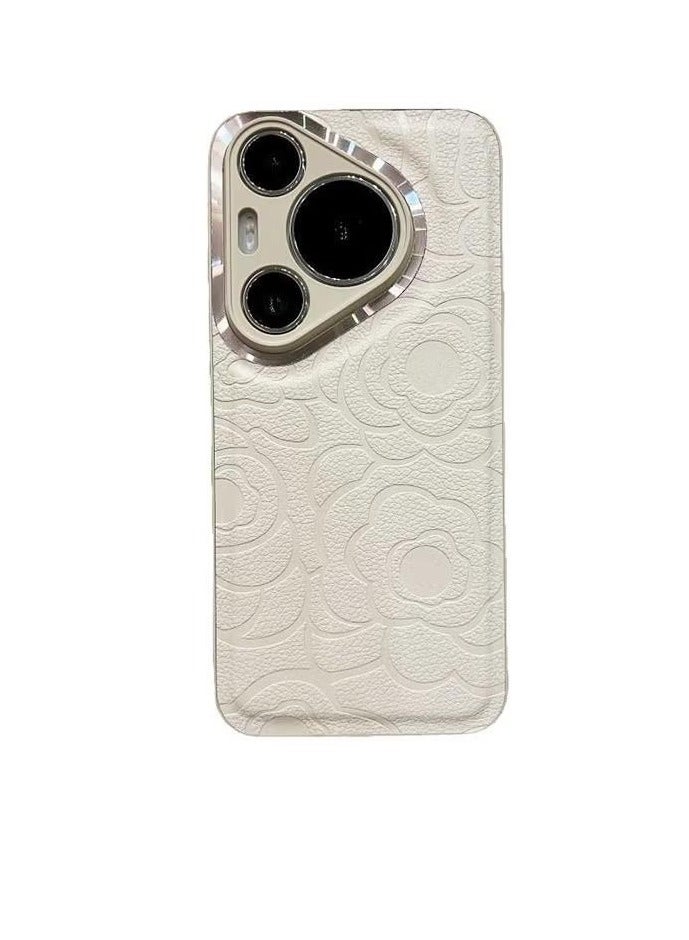 For Huawei Huawei Pura 70 Pro Phone Case - White Leather Phone Case - Camellia Print Phone Case - Stylish and Simple - Drop & Scratch Protection - Image 1