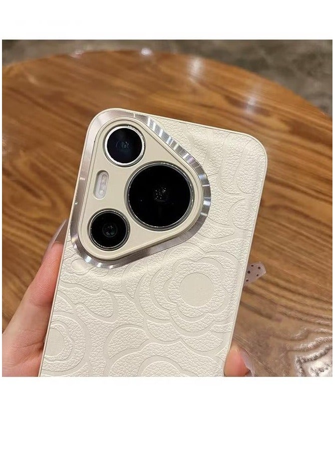 For Huawei Huawei Pura 70 Pro Phone Case - White Leather Phone Case - Camellia Print Phone Case - Stylish and Simple - Drop & Scratch Protection - Image 5