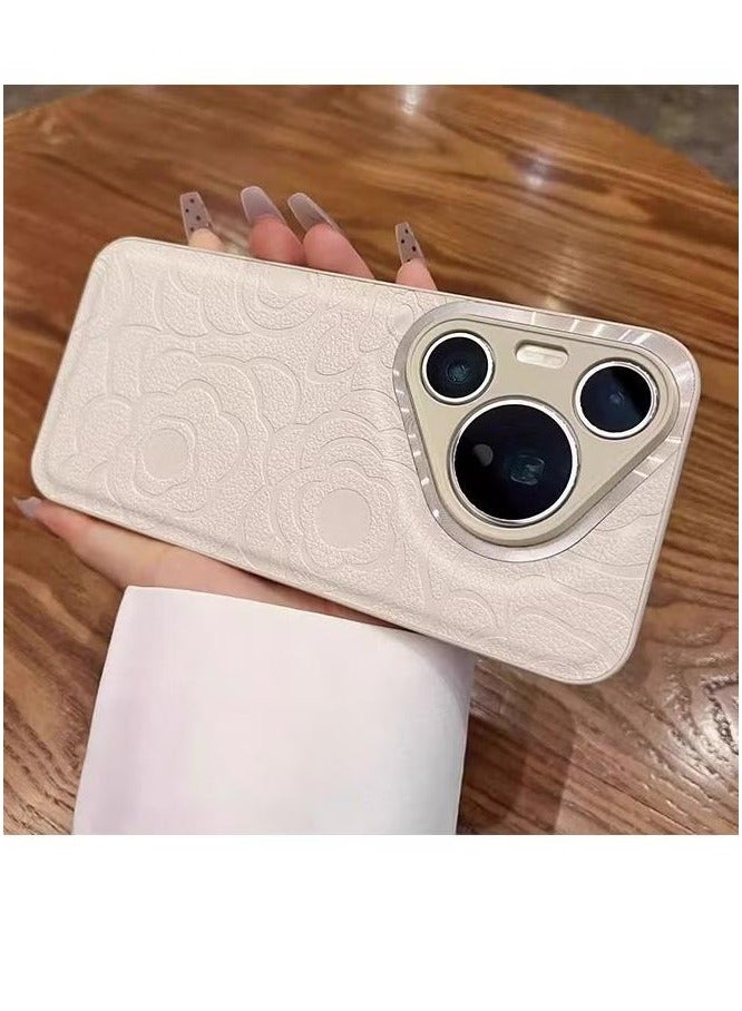 For Huawei Huawei Pura 70 Pro Phone Case - White Leather Phone Case - Camellia Print Phone Case - Stylish and Simple - Drop & Scratch Protection - Image 4