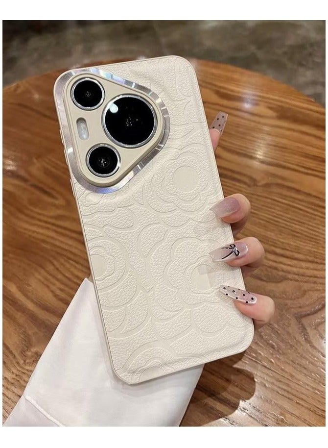 For Huawei Huawei Pura 70 Pro Phone Case - White Leather Phone Case - Camellia Print Phone Case - Stylish and Simple - Drop & Scratch Protection - Image 3