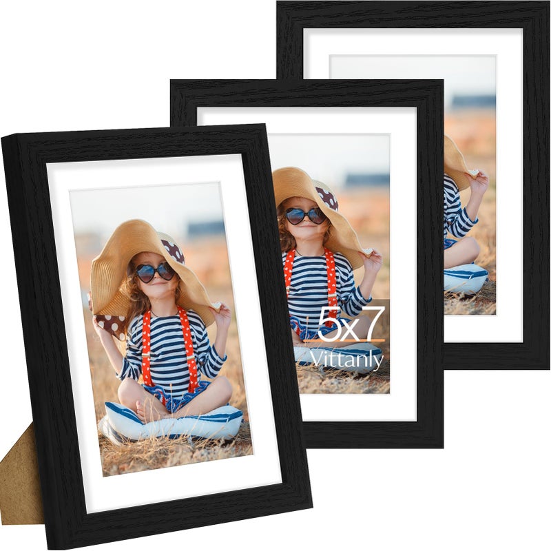 Vittanly 5x7 Picture Frame Set of 3, Display Pictures 4x6 with Mat or 5x7 without Mat for Wall Mounting or Tabletop, Picture Frames for Wall Decor, Engineered Wood, Black - Image 1