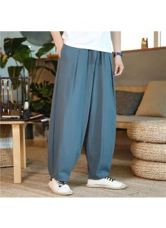 Loose Cotton Linen Mens Casual Pants Spring Summer Wide Leg Harlan Long Trousers Comfortable Breathable Straight Cut Trousers 4 blue gray