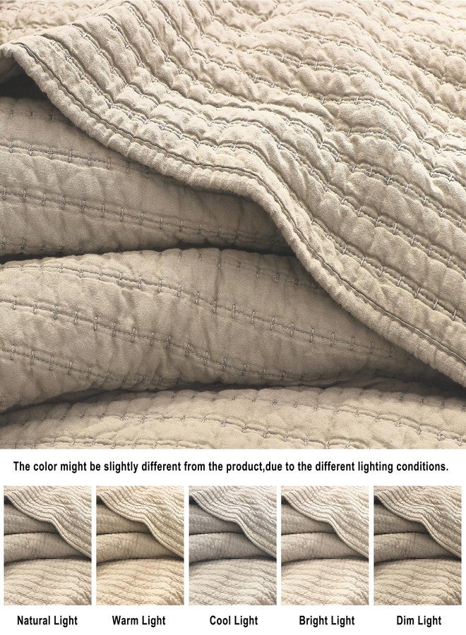 WDCOZY 100% Cotton Oversized King Size Quilt Set - Beige California Cal King Striped Pick Stitch Soft Lightweight Bedspread, Textured Like Linen, Farmhouse Country Rustic Coverlet, 3 Pieces - Image 3