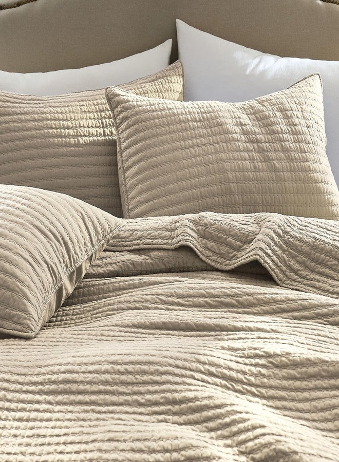 WDCOZY 100% Cotton Oversized King Size Quilt Set - Beige California Cal King Striped Pick Stitch Soft Lightweight Bedspread, Textured Like Linen, Farmhouse Country Rustic Coverlet, 3 Pieces - Image 2
