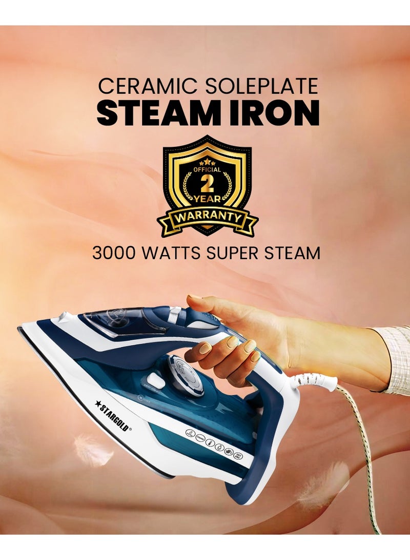 Dry and Wet Steam Iron With Self-clean function Adjustable Temperature Control Ceramic Soleplate 3000W Blue