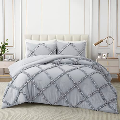 Bonlino Twin Comforter Set Soft Bedding - 2 Pcs Tufted Decor Fluffy Comforter Boho Bed in a Bag with Cute Lightweight Pillowcase for Dorm Farmhouse Bedroom Luxury Gift(Light Grey) - Image 1