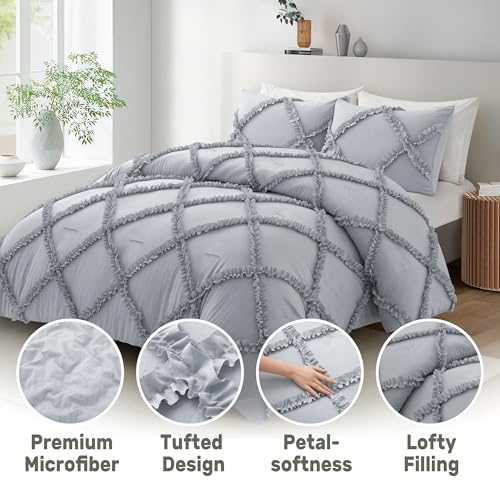 Bonlino Twin Comforter Set Soft Bedding - 2 Pcs Tufted Decor Fluffy Comforter Boho Bed in a Bag with Cute Lightweight Pillowcase for Dorm Farmhouse Bedroom Luxury Gift(Light Grey) - Image 2