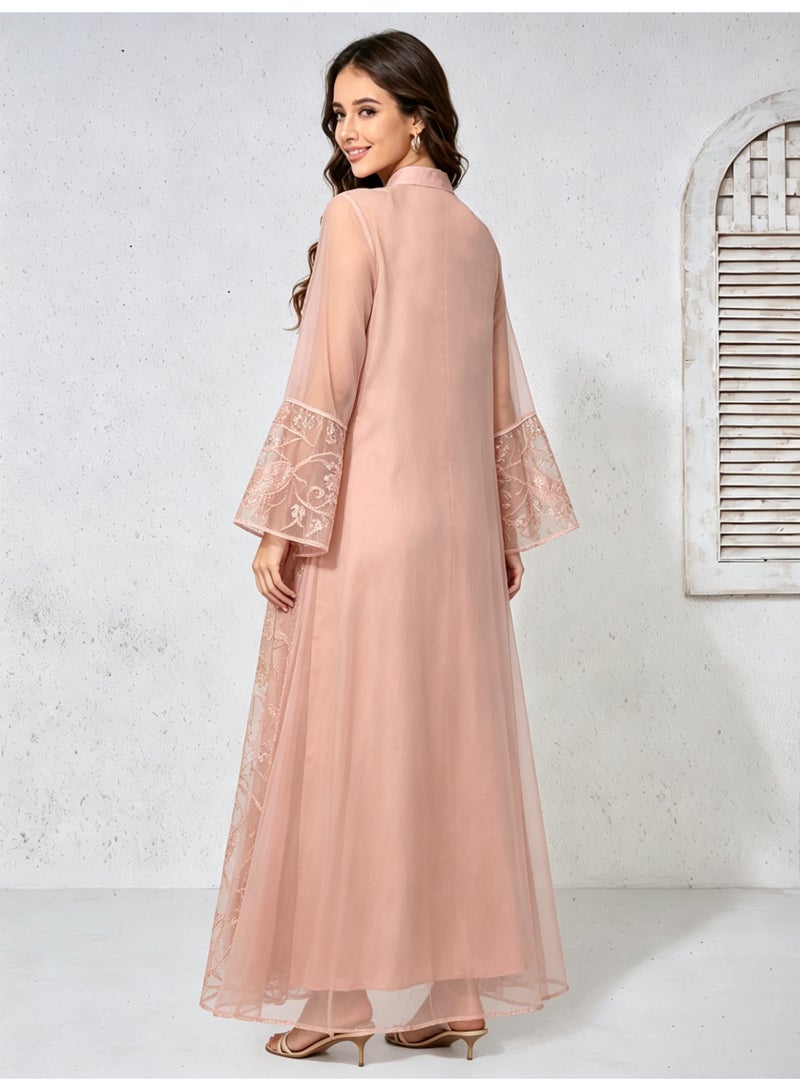 Kaiyuede Women's Dusty Pink Mesh Polyester Jalabiya Peacock Floral Bead Sequin Embroidery Stand Split V Neck Mesh Flare Bell Sleeve Opaque Lined Modest Maxi Dress For Eid Wedding Party S-XXL - Image 3