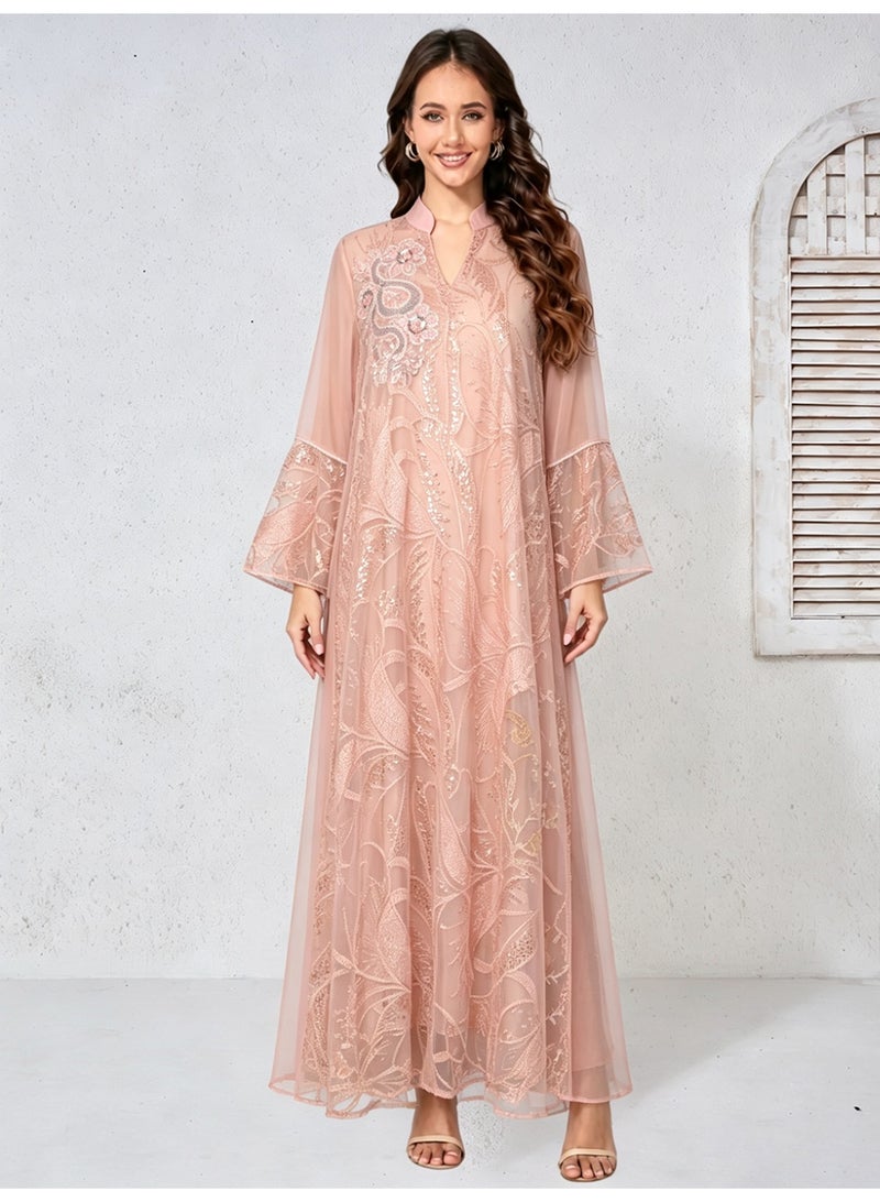 Kaiyuede Women's Dusty Pink Mesh Polyester Jalabiya Peacock Floral Bead Sequin Embroidery Stand Split V Neck Mesh Flare Bell Sleeve Opaque Lined Modest Maxi Dress For Eid Wedding Party S-XXL - Image 1
