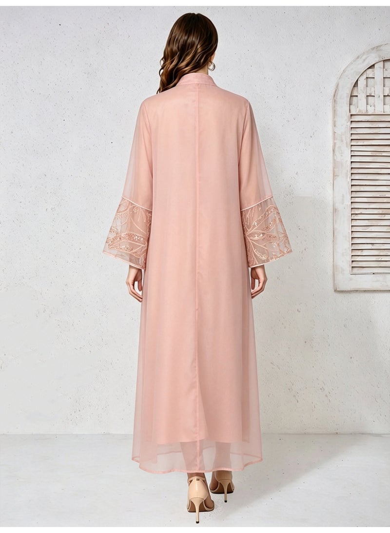 Kaiyuede Women's Dusty Pink Mesh Polyester Jalabiya Peacock Floral Bead Sequin Embroidery Stand Split V Neck Mesh Flare Bell Sleeve Opaque Lined Modest Maxi Dress For Eid Wedding Party S-XXL - Image 2