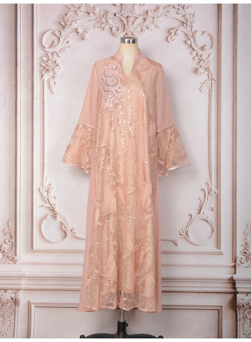 Kaiyuede Women's Dusty Pink Mesh Polyester Jalabiya Peacock Floral Bead Sequin Embroidery Stand Split V Neck Mesh Flare Bell Sleeve Opaque Lined Modest Maxi Dress For Eid Wedding Party S-XXL - Image 5