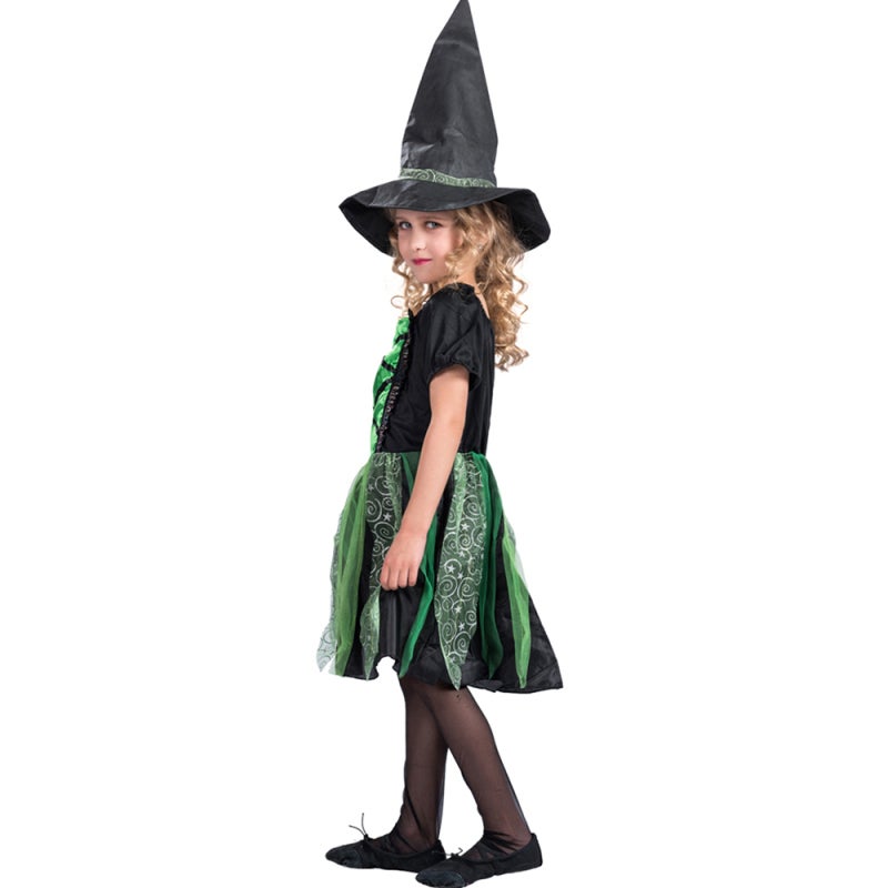 Girls Witch Costume: S Size Polyester Dress - Sparkly Green Veil Black Skirt Witch Hat for Halloween Cosplay Themed Party Role Play - Image 2