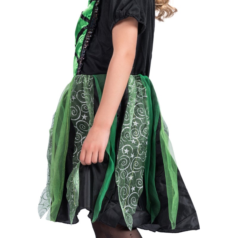 Girls Witch Costume: S Size Polyester Dress - Sparkly Green Veil Black Skirt Witch Hat for Halloween Cosplay Themed Party Role Play - Image 4