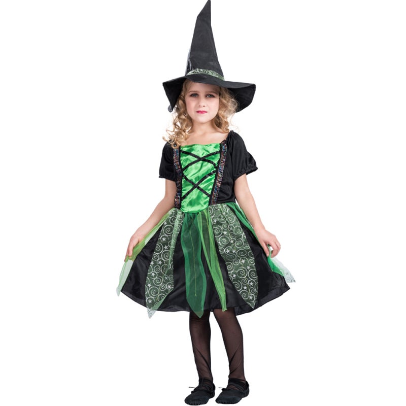 Girls Witch Costume: S Size Polyester Dress - Sparkly Green Veil Black Skirt Witch Hat for Halloween Cosplay Themed Party Role Play - Image 1
