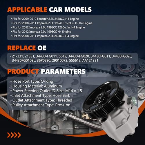Daysyore 21331 Power Steering Pump with Pulley Fits for 20092010 Forester 25L 20082012 Impreza 20L 25L OEQuality Power Assist Pump Replace OE 34430FG020 - Image 4