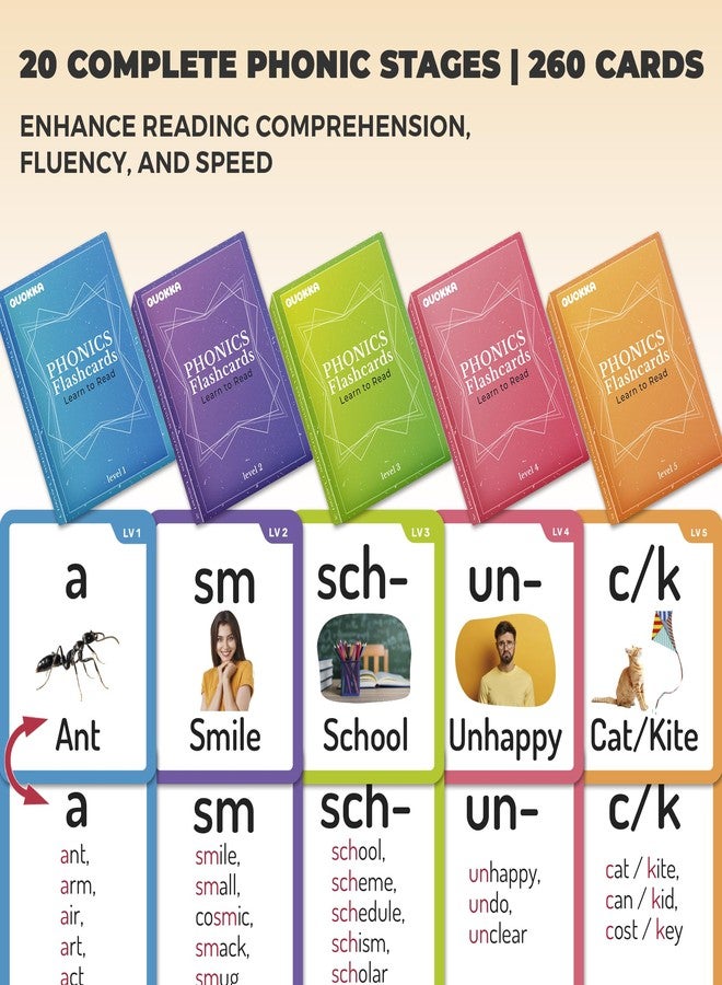 QUOKKA Vine 1000+ Phonics Words Flash Cards for Kids Ages 4-8 I 20 Phonic Stages I 260 Card Games for Kids Ages 3-5 and 6-8 | Learn to Read Games & Phonics Manipulatives for Complete Phonemic Awarenes - Image 3