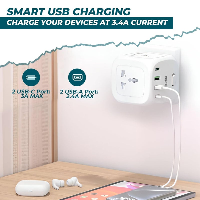 EMBOX مقبس متعدد مع منفذ نوع C ومفتاح فردي - لوحة تمديد بدون سلك مع 3 مقابس و 2 USB A و 2 USB C (2.4A - توصيل مباشر) - مقبس متعدد 3 دبابيس مع حماية من الغطاء الأمني - 2500 واط - Image 5