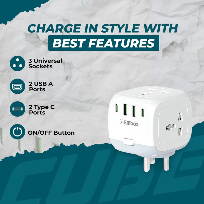 EMBOX مقبس متعدد مع منفذ نوع C ومفتاح فردي - لوحة تمديد بدون سلك مع 3 مقابس و 2 USB A و 2 USB C (2.4A - توصيل مباشر) - مقبس متعدد 3 دبابيس مع حماية من الغطاء الأمني - 2500 واط - Image 2