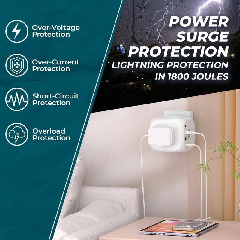 EMBOX مقبس متعدد مع منفذ نوع C ومفتاح فردي - لوحة تمديد بدون سلك مع 3 مقابس و 2 USB A و 2 USB C (2.4A - توصيل مباشر) - مقبس متعدد 3 دبابيس مع حماية من الغطاء الأمني - 2500 واط - Image 3