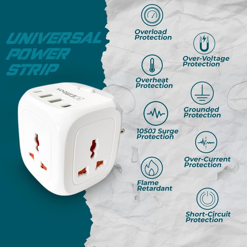 EMBOX مقبس متعدد مع منفذ نوع C ومفتاح فردي - لوحة تمديد بدون سلك مع 3 مقابس و 2 USB A و 2 USB C (2.4A - توصيل مباشر) - مقبس متعدد 3 دبابيس مع حماية من الغطاء الأمني - 2500 واط - Image 4