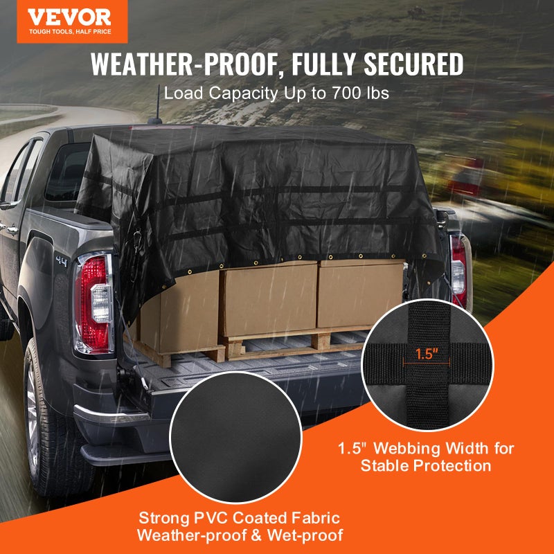 VEVOR Waterproof Cargo Net, 120 in x 105 in, Heavy Duty Truck Cargo Net-(WLL) 700lbs, 4 Adjustable Straps with Carabiners & S-Hooks, Truck Bed Cover for Trailer, Pickup, Boat, Jeep, SUV 8.75â€™x10â€™ - Image 2