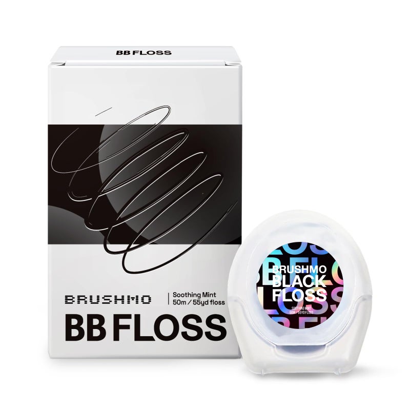 Brushmo Black Floss (BBFloss) - Expanding Floss, Gum-Friendly Soothing Mint Dental Floss, Natural Vegan Wax to Remove Plaque from Teeth, US-Dentist Designed PTFE & PFAS Free Oral Care, 1 Spool, 55 yd - Image 1