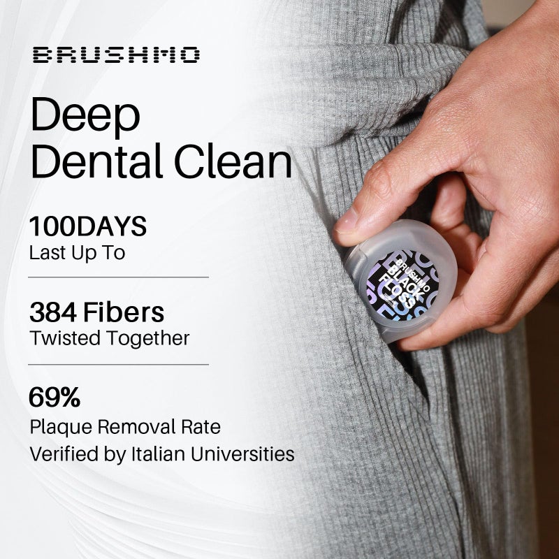 Brushmo Black Floss (BBFloss) - Expanding Floss, Gum-Friendly Soothing Mint Dental Floss, Natural Vegan Wax to Remove Plaque from Teeth, US-Dentist Designed PTFE & PFAS Free Oral Care, 1 Spool, 55 yd - Image 3
