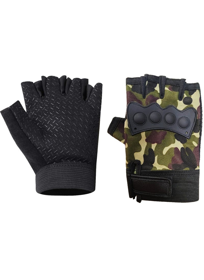 Generic Half Finger Gloves With Hard Rubber Knuckle Protection For Gym Exercises & Cycling, Camouflage Green 