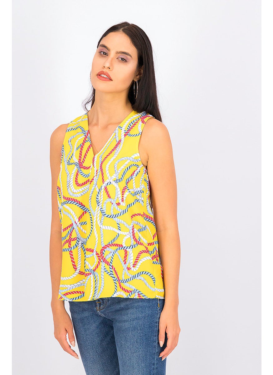 MANGO Women All Over Print Sleeveless Top, Yellow Combo  - Image 1