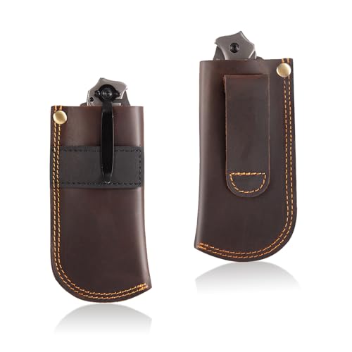 QEES Leather Knife Sheath for Belt,Pocket Knife Holder for Belt,Heavy Duty Folding Knife Sheath,Knife Belt Holder,Knife Holster EDC Folding Knife Sheath.Pocket Knife Sheath Gift for Men.Darkbrown - Image 1