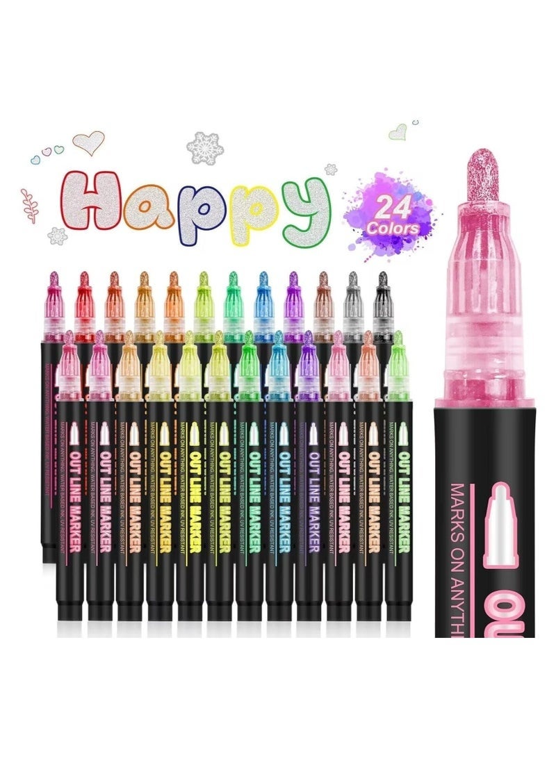 أقلام تحديد معدنية من 24 قطعة، مخطط بخط مزدوج، طلاء لامع مقاوم للماء، يخلق تأثيرًا جميلًا بلونين، متعدد الألوان - Image 1