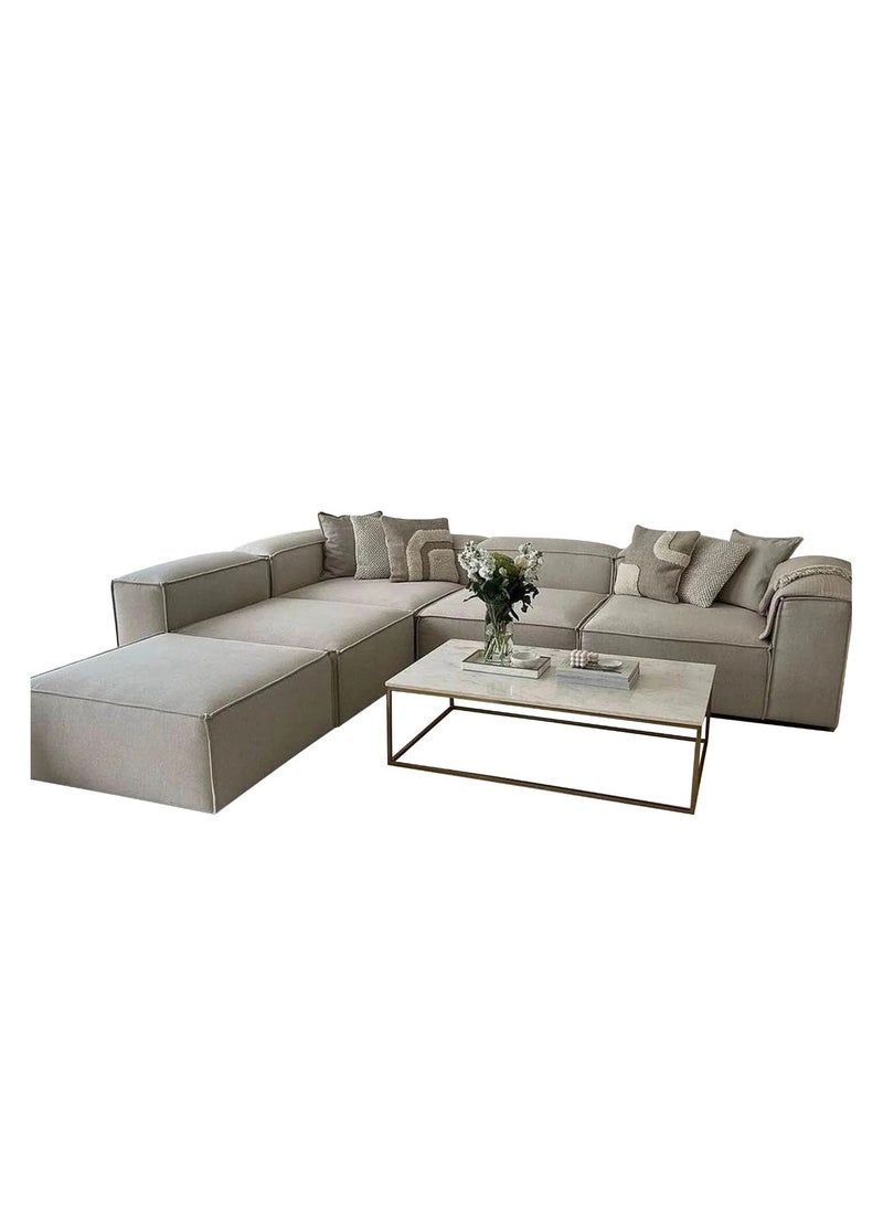 Furniture Factory Corner sofa and 2 poufs made of natural wood and linen fabric - dark beige  - Image 3