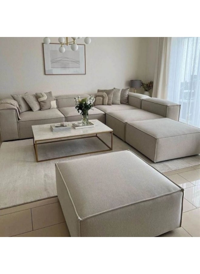 Furniture Factory Corner sofa and 2 poufs made of natural wood and linen fabric - dark beige  - Image 1