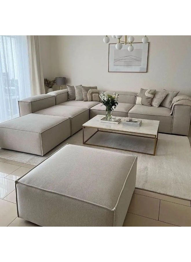 Furniture Factory Corner sofa and 2 poufs made of natural wood and linen fabric - dark beige  - Image 2