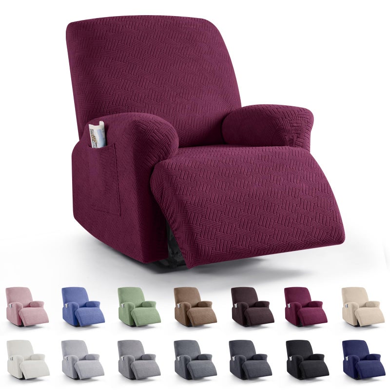KinCam Recliner Covers, Stretch Reclining Chair Covers, Recliner Sofa Slipcovers Stripe Jacquard Recliner Couch Covers Furniture Protector Covers (1 Seater, Burgundy) - Image 1