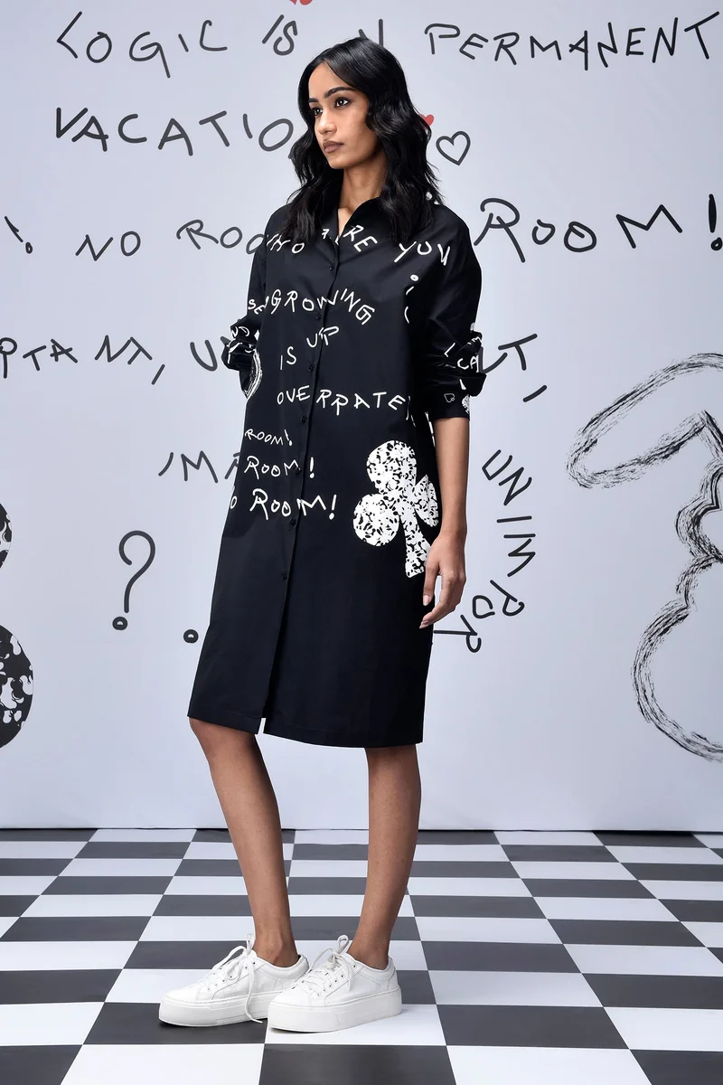 Genes Lecoanet Hemant Scribble Text Relax Fit Shirt Dress - Black