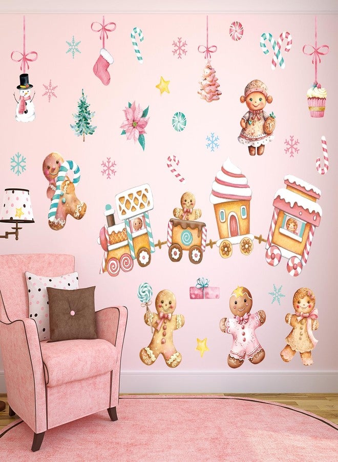 Whaline Christmas Wall Stickers Watercolor Pink Gingerbread Man House Candy Cane PVC Wall Decals for Winter Party Home Classroom Office Decoration, 2 Sheets - Image 5