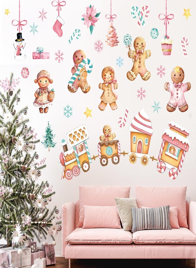 Whaline Christmas Wall Stickers Watercolor Pink Gingerbread Man House Candy Cane PVC Wall Decals for Winter Party Home Classroom Office Decoration, 2 Sheets - Image 1