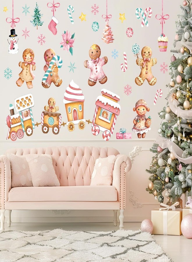 Whaline Christmas Wall Stickers Watercolor Pink Gingerbread Man House Candy Cane PVC Wall Decals for Winter Party Home Classroom Office Decoration, 2 Sheets - Image 3