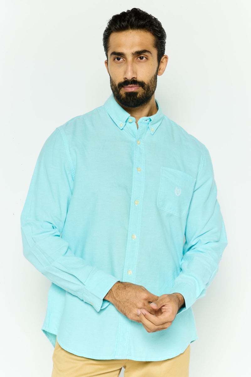 Chaps Men Custom Fit Embraided Logo Long Sleeves Casual Shirt, Turquoise - Image 1