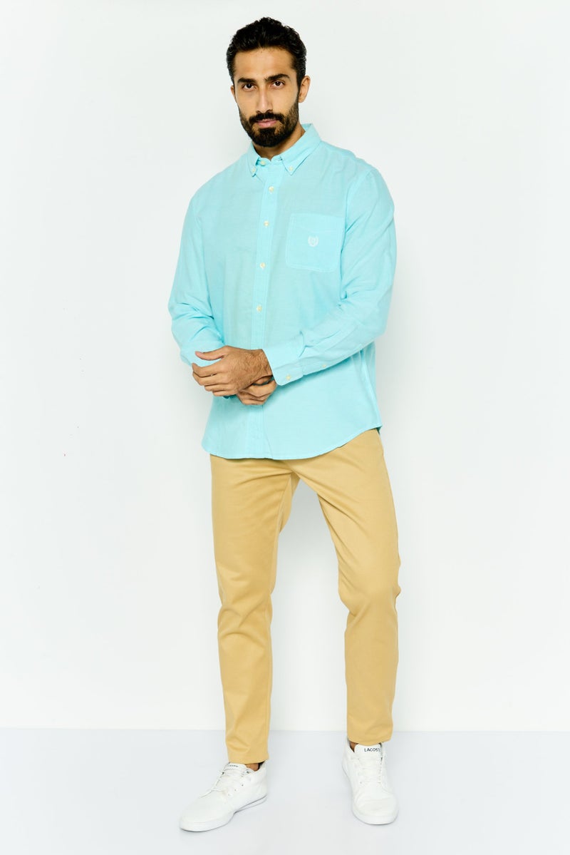 Chaps Men Custom Fit Embraided Logo Long Sleeves Casual Shirt, Turquoise - Image 3