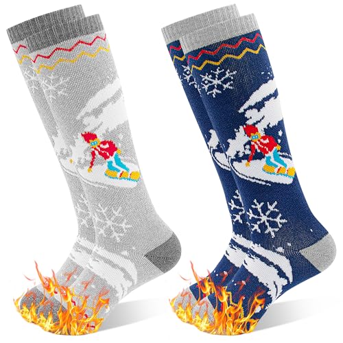 GRPSKCOS Kids Ski Socks, 2 Pairs Kids Warm Thick Snow Socks for Boys Girls Winter Skiing Snowboarding(Navy + grey- 2 Pairs, 7-12 Years) - Image 1