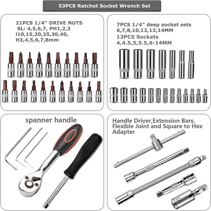 YUFANYA 53-Piece 1/4" Socket Set with Quick Release Ratchet and Flexible Extension Rods - Image 4
