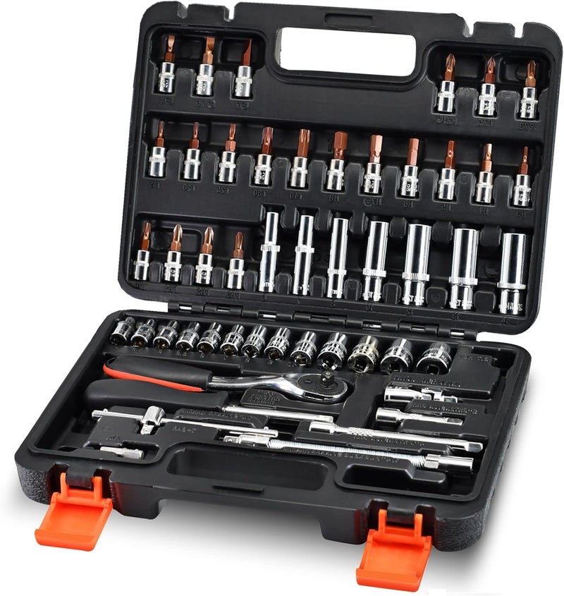 YUFANYA 53-Piece 1/4" Socket Set with Quick Release Ratchet and Flexible Extension Rods - Image 1