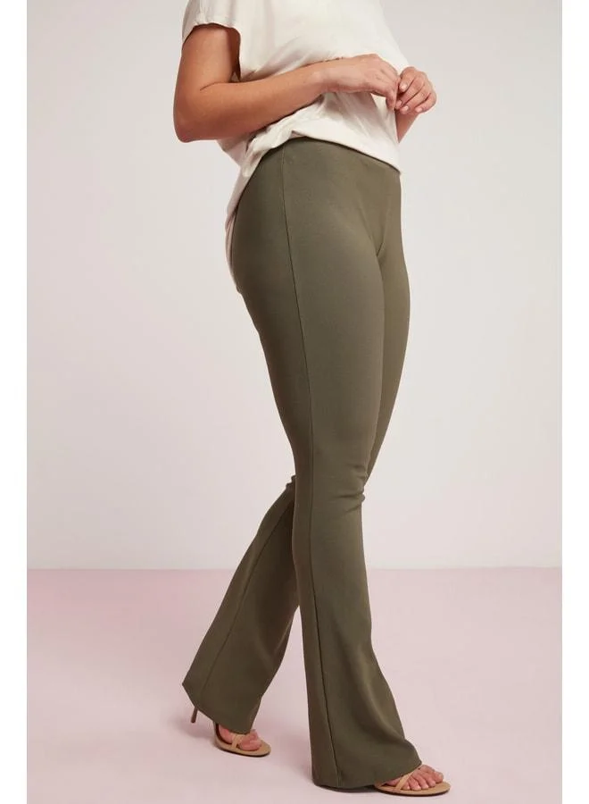 Ethiquet Larıssa Women's Fitted Interlock Full-Body Stretch Flare Khaki Plus-Size Pants.