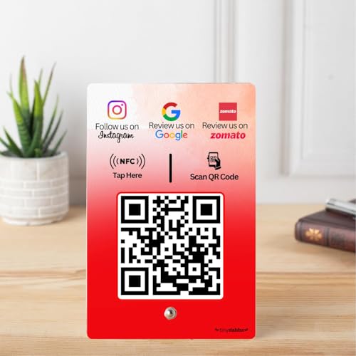 tinydabba Review + Instagram + Zomato 3-in-1 combo NFC Standee with QR Code | Boost Business Reviews with Tap or Scan | Pre-Configured | UV Printed Acrylic | 4 Inches x 6 Inches | With Dashboard - Image 1