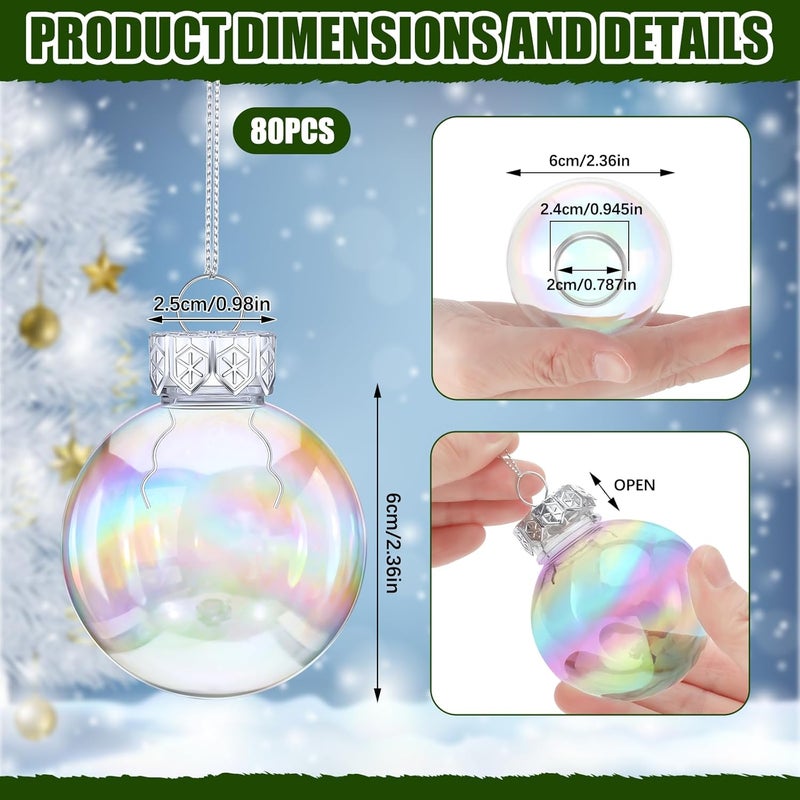Funtery 80 Pcs Christmas Iridescent Clear Ornaments Balls Iridescent Christmas Balls for Tree Crafts Fillable Transparent DIY Hanging 2.5 Inch Rainbow Ball for Holiday Decor (Iridescence Style) - Image 2